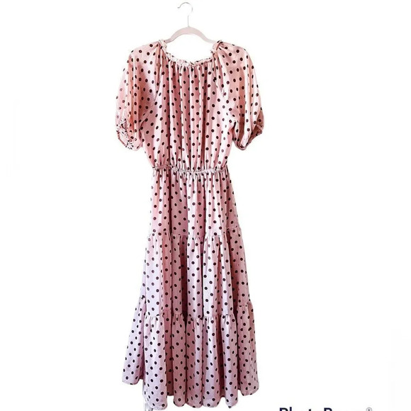 Lulus Love You Tier-ly Women's‎ Blush Pink Polka Dot Tiered Midi Dress Medium - Picture 5 of 12